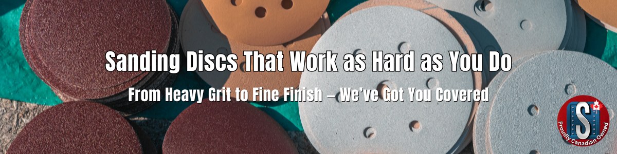 Sanding discs in various grits and styles, including hook and loop and PSA. Overlayed bold white text reads "Sanding discs that work as hard as you do - from heavy grit to fine finish - we've got you covered." Representing Skookum Tools sanding disc category page.